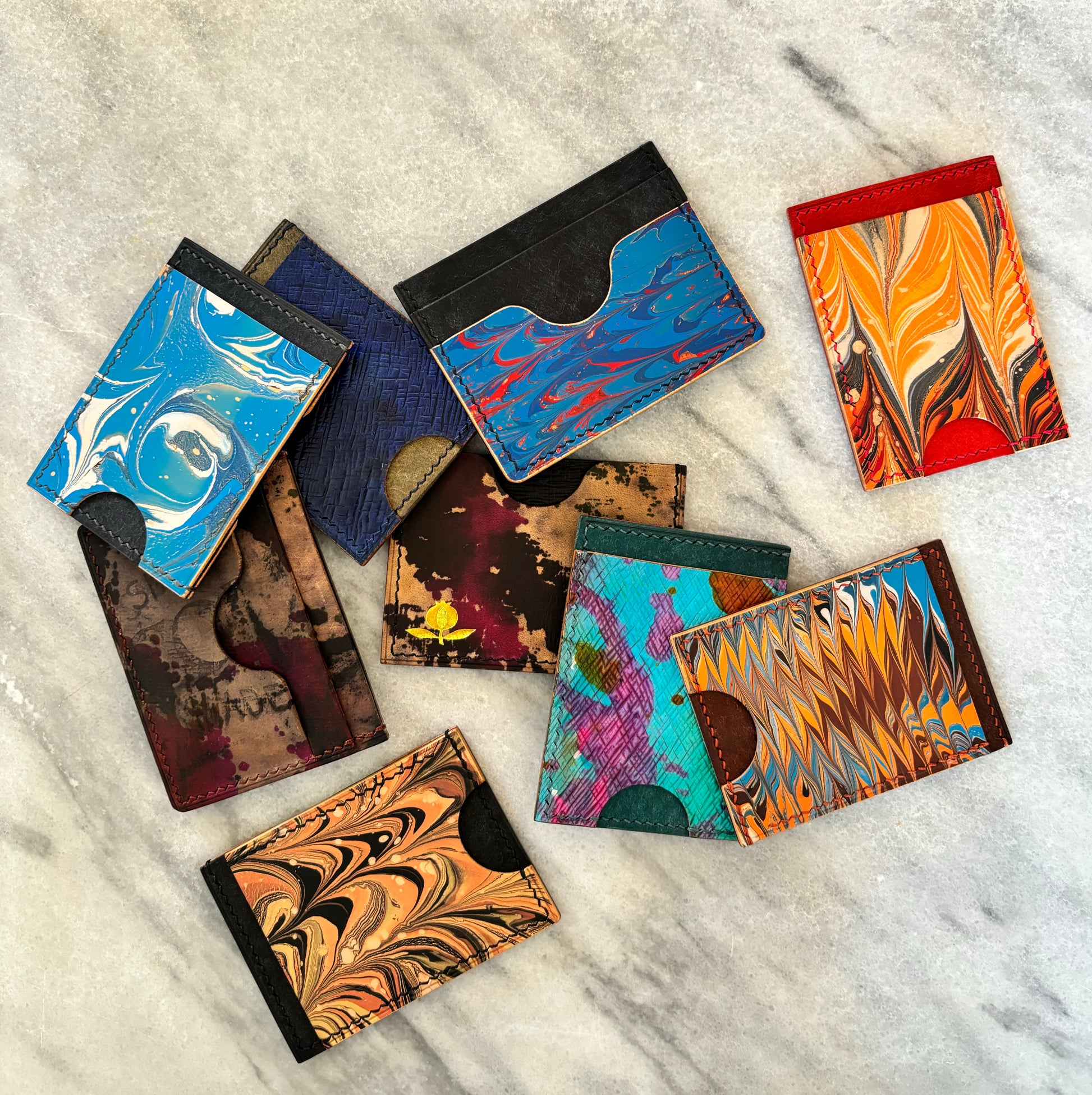 Hand-marbled, Vegetable tanned *color cards are not for sale*