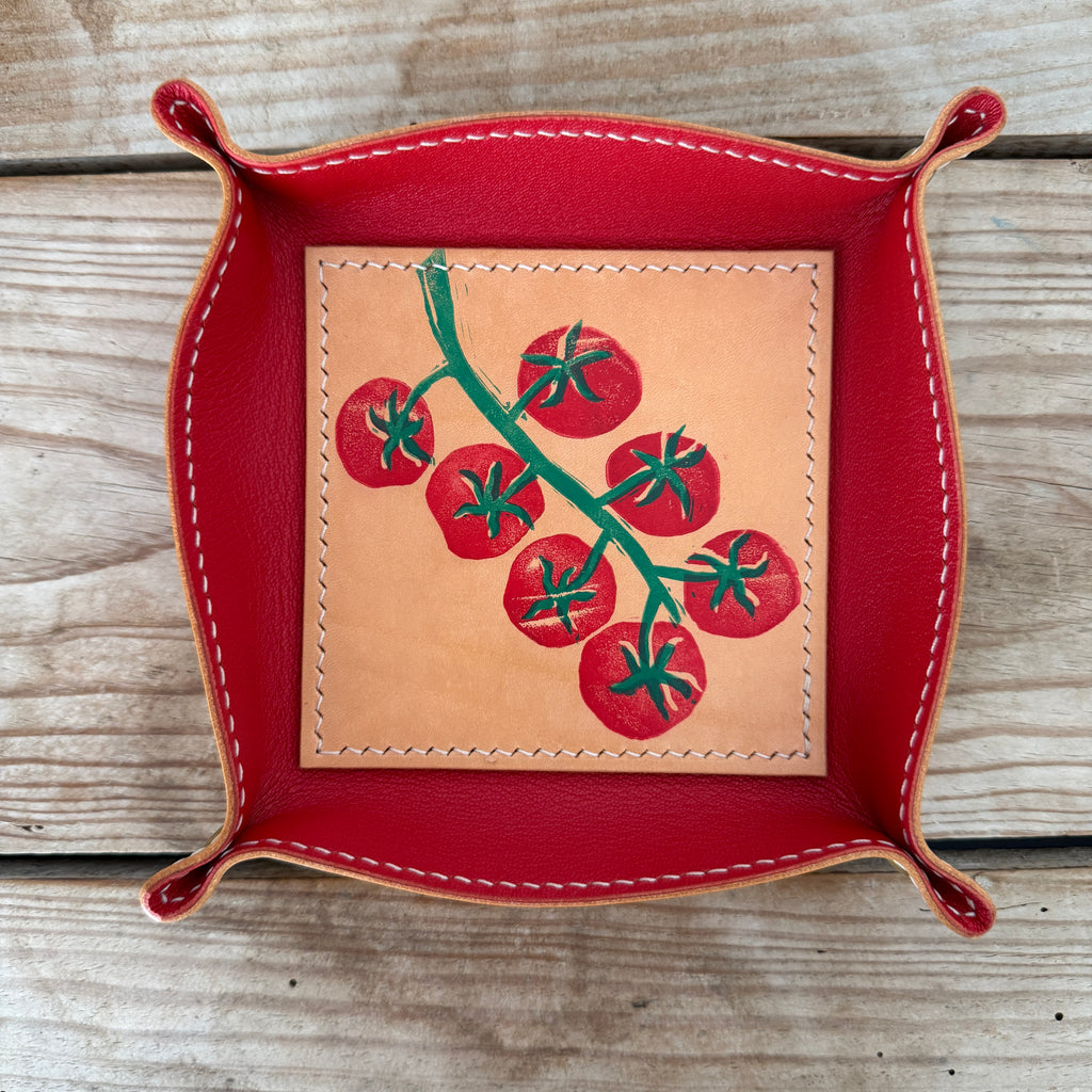 Hand-Stitched & Hand-Printed Valet Tray - Cherry Tomato + Red Goatskin Lining