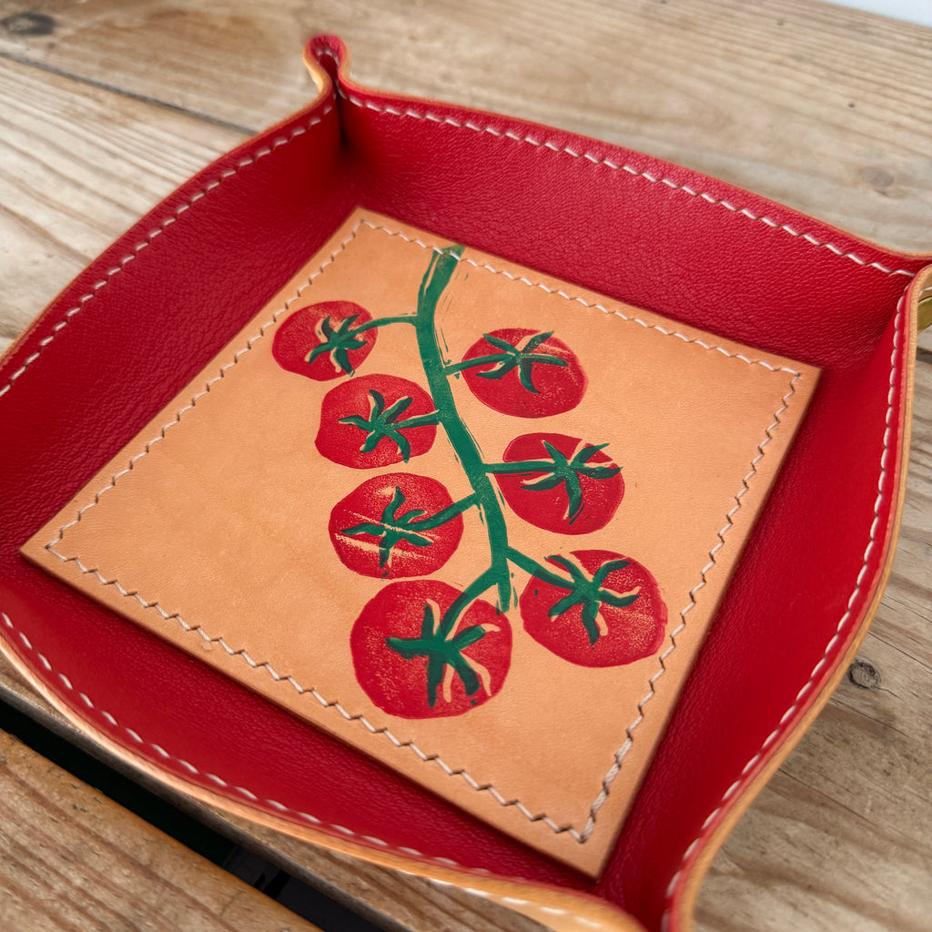 Hand-Stitched & Hand-Printed Valet Tray - Cherry Tomato + Red Goatskin Lining