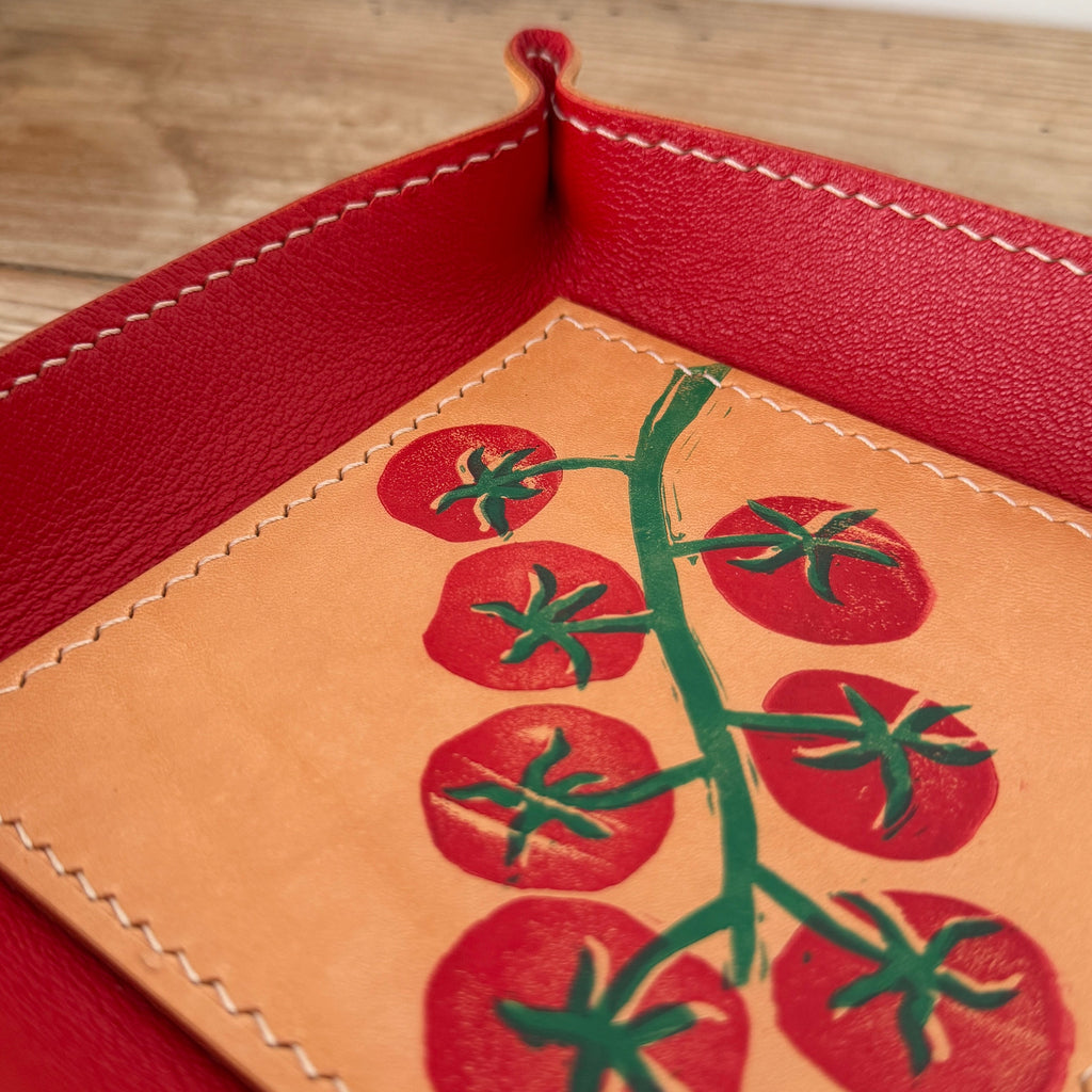 Hand-Stitched & Hand-Printed Valet Tray - Cherry Tomato + Red Goatskin Lining