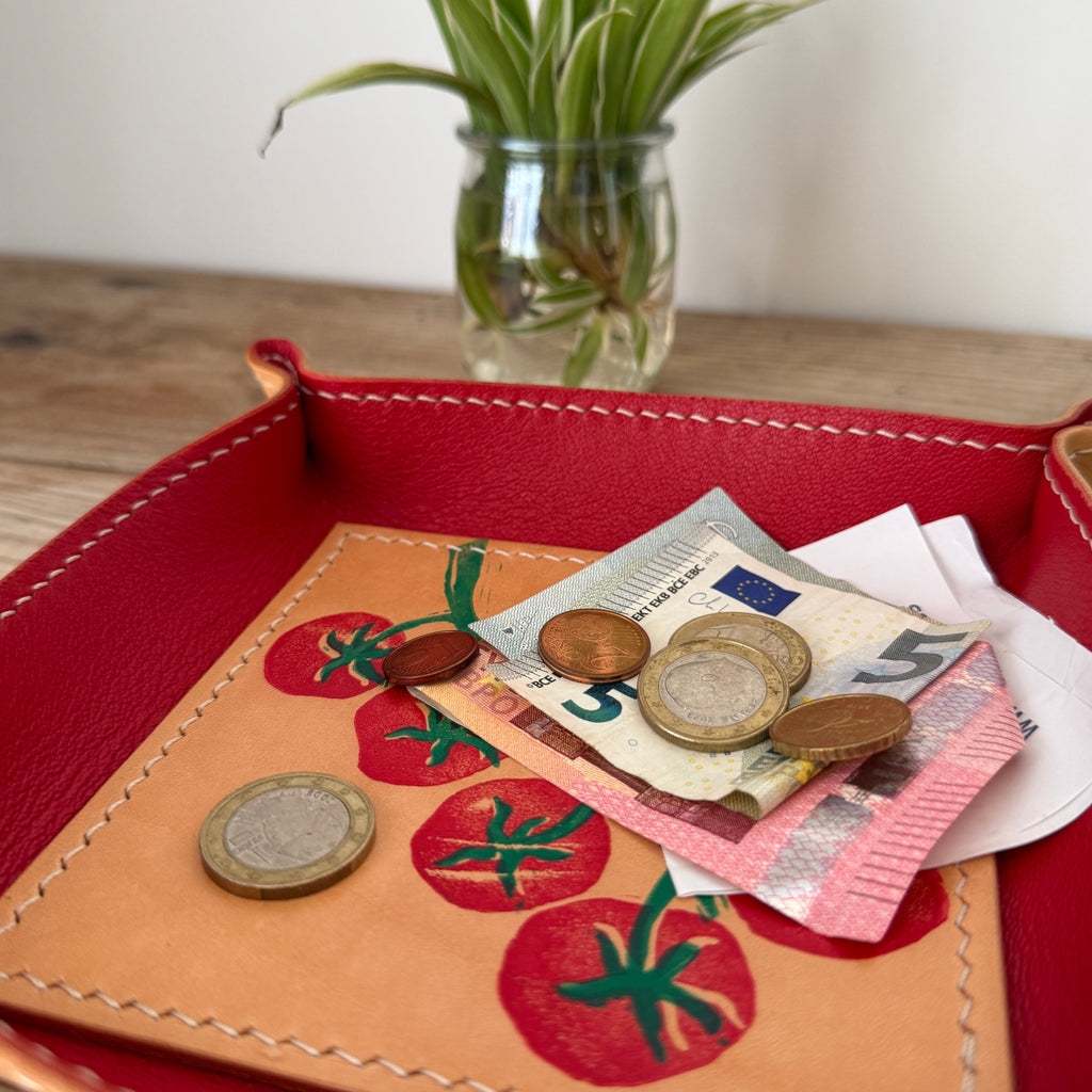Hand-Stitched & Hand-Printed Valet Tray - Cherry Tomato + Red Goatskin Lining